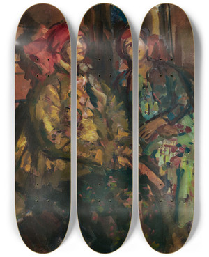 Triptych art skateboard deck of Konstantin Alexeevich Korovin Two Girls In Peasant Costumes by Konstantin Alexeevich Korovin (1861-1939)