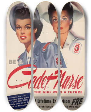 Triptych art skateboard deck of Jon Whitcomb Be A Cadet Nurse by Jon Whitcomb (1906-1988)
