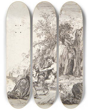 Triptych art skateboard deck of Bartholomeus Breenbergh Nymfen Korsika Mishandles Af En Satyr by Bartholomeus Breenbergh (1598-1657)