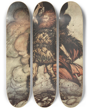 Triptych art skateboard deck of Arthur Rackham To My Hammers Swing Hitherward Sweep Vapours And Fogs by Arthur Rackham (1867-1939)