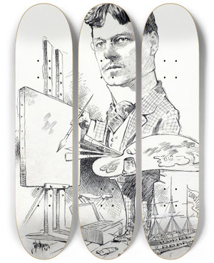 Triptych art skateboard deck of Td Skidmore Caricature Of Eric Pape by T.D. Skidmore
