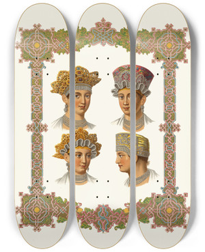 Triptych art skateboard deck of Fedor Grigoryevich Solntsev Golovnoi Ubor Tikhvinskikh I Belozerskikh Zhenshchin I Devits by Fedor Grigoryevich Solntsev (1801-1892)