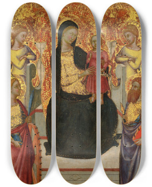 Triptych art skateboard deck of Niccol Di Buonaccorso The Madonna And Child Enthroned With Saint Catherine Saint Bartholomew And Two Angels by Niccolo Di Buonaccorso