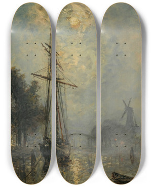 Triptych art skateboard deck of Johan Barthold Jongkind Vue Du Port Doverschie by Johan Barthold Jongkind (1819-1891)