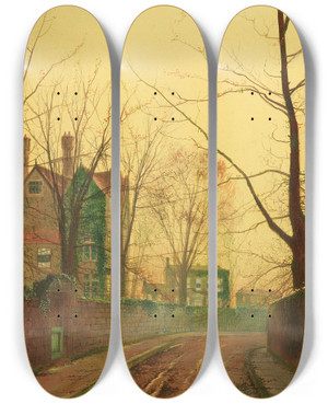 Triptych art skateboard deck of John Atkinson Grimshaw Autumn Afternoon by John Atkinson Grimshaw (1836-1893)