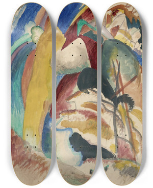 Triptych art skateboard deck of Wassily Kandinsky Draft For Picture With White Form by Wassily Kandinsky (1866-1944)