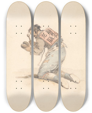 Triptych art skateboard deck of William Alexander A Chinese Beggar by William Alexander (1767-1816)