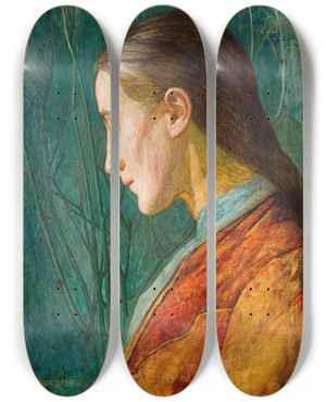 Triptych art skateboard deck of Arthur Joseph Gaskin Portrait Of A Reflective Lady by Arthur Joseph Gaskin (1862-1928)