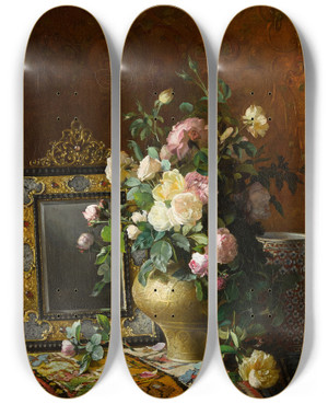 Triptych art skateboard deck of Dominique Hubert Rozier Nature Morte Au Bouquet Des Roses Dans Une Vase Ottomane by Dominique Hubert Rozier (1840-1901)