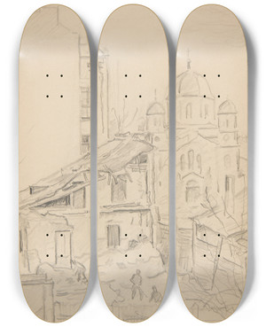 Triptych art skateboard deck of Ivan Ivanec Pejza Miejski Z Kocioem by Ivan Ivanec (1893-1946)