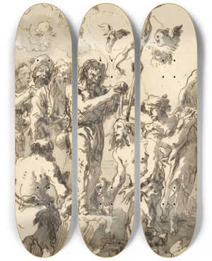 Triptych art skateboard deck of Giovanni Domenico Tiepolo The Baptism Of Christ With Two Ducks In The Water At Lower Right by Giovanni Domenico Tiepolo (1727-1804)