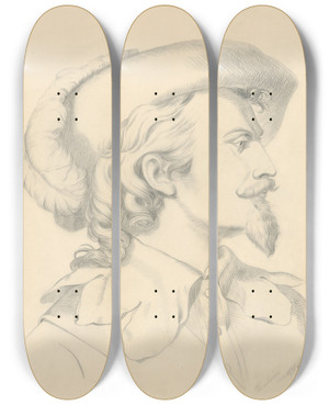 Triptych art skateboard deck of Frantiek Klimkovi Head Of A Man With A Beard by Frantisek Klimkovic (1826-1890)