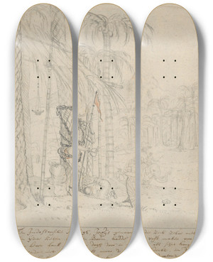 Triptych art skateboard deck of Willem Schellinks An Indian Yogi Tied To A Palm Tree by Willem Schellinks (1623-1678)