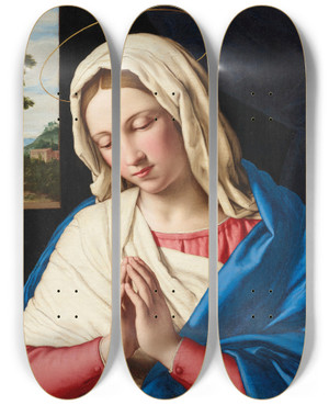 Triptych art skateboard deck of Giovanni Battista Salvi Da Sassoferrato The Madonna At Prayer A Landscape Beyond by Giovanni Battista Salvi Da Sassoferrato (1609-1685)