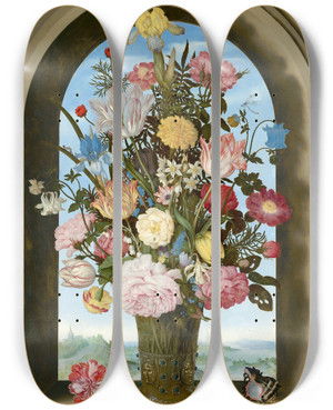 Triptych art skateboard deck of Ambrosius Bosschaert The Elder Vase Of Flowers In A Window by Ambrosius Bosschaert The Elder (1573-1621)