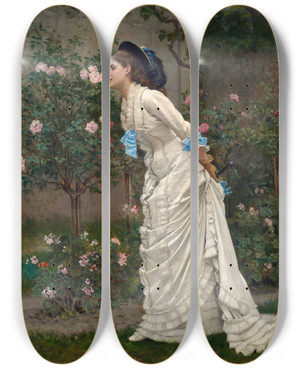 Triptych art skateboard deck of Auguste Toulmouche Woman And Roses by Auguste Toulmouche (1829-1890)