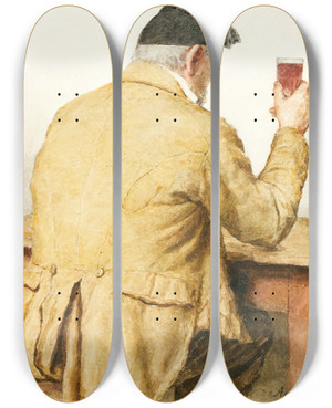 Triptych art skateboard deck of Albert Anker Old Man Sitting At Table Shown From Behind by Albert Anker (1831-1910)