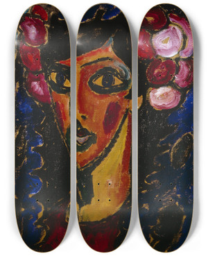 Triptych art skateboard deck of Alexej Von Jawlensky The Blue Mantilla by Alexej Von Jawlensky (1864-1941)