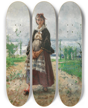 Triptych art skateboard deck of Mos Bianchi A Promenade On The Lakeside by Mose Bianchi (1840-1904)