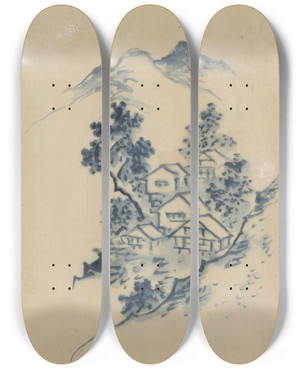 Triptych art skateboard deck of Katsushika Hokusai Buildings Nestled Among Trees In A Mountain Valley by Katsushika Hokusai (1760-1849)