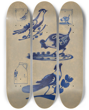 Triptych art skateboard deck of Charles Caseau Bird Decorations On Stoneware_1 by Charles Caseau (1880)