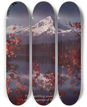 Triptych art skateboard deck of Us Information Agency Scenically Yours The Sparkling Snow Is The Silent Language Of The Peak Mt Hood Oregon by U S Information Agency (1953-1999)