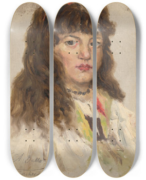 Triptych art skateboard deck of Aurel Ballo Head Study Of Woman With Long Hair by Aurel Ballo (1871-1940)