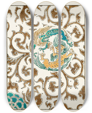 Triptych art skateboard deck of Watanabe Seitei Spirit And Floral Motif Illustration by Watanabe Seitei (1851-1918)