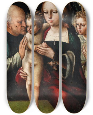 Triptych art skateboard deck of The Master Of The Parrot The Madonna And Child With Saint Eligius And An Angel by The Master of the Parrot (1520-1540)