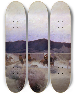 Triptych art skateboard deck of N C Wyeth Moving Camp by N C Wyeth (1882-1945)