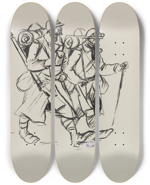 Triptych art skateboard deck of Georges Goursat Sem Deux Soldats Marchant Sur La Droite by Georges Goursat (Sem) (1863-1934)