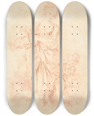 Triptych art skateboard deck of Franois Boucher Young Girl With A Boy And A Dog by Francois Boucher (1703-1770)