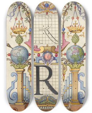 Triptych art skateboard deck of Joris Hoefnagel Guide For Constructing The Letter R by Joris Hoefnagel (1542-1600)