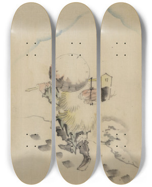 Triptych art skateboard deck of Katsushika Hokusai A Man Wearing A Conical Hat A Straw Or Feather Outer Garment And Boots Is Carrying A Longhandled Tool by Katsushika Hokusai (1760-1849)