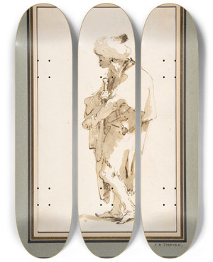 Triptych art skateboard deck of Giovanni Battista Tiepolo Standing Man In A Turban Holding A Sword by Giovanni Battista Tiepolo (1696-1770)
