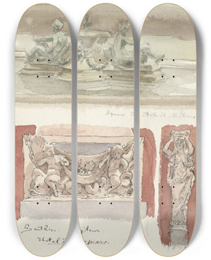 Triptych art skateboard deck of Wilhelm Cornelis Bauer Drie Schetsen Van Sculpturen In Het Muse Des Artsdecoratifs Te Parijs by Wilhelm Cornelis Bauer (1862-1904)
