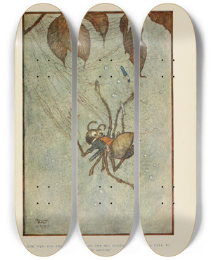 Triptych art skateboard deck of Edmund Dulac The Web And The Diamonds And The Big Spider Himself All Fell To The Ground by Edmund Dulac (1882-1953)