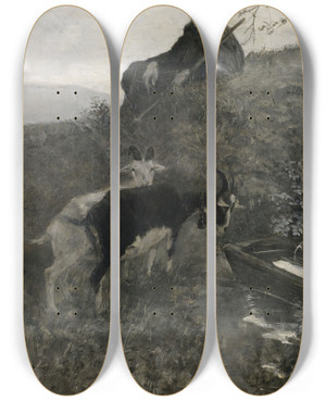 Triptych art skateboard deck of Hermann Pleuer Ziegenhirte Mit Tieren An Einer Trnke by Hermann Pleuer (1863-1911)