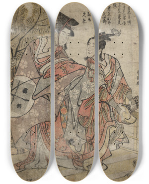Triptych art skateboard deck of Katsushika Hokusai Shgastu Kamuro Manzai by Katsushika Hokusai (1760-1849)