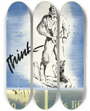 Triptych art skateboard deck of Donald Kenneth Anderson Think His Life Is In Your Hands by Donald Kenneth Anderson (1920-2009)
