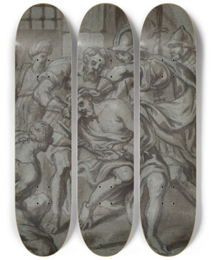 Triptych art skateboard deck of Peter Van Lint Scourging Ofchrist by Peter Van Lint (1609-1690)