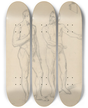 Triptych art skateboard deck of Jzef Simmler Nude Sketches Of The Figure Of King Sigismund I And Hetman Tarnowski In The Painting The Upbringing Of Sigismund Augustus by Jozef Simmler (1823-1868)