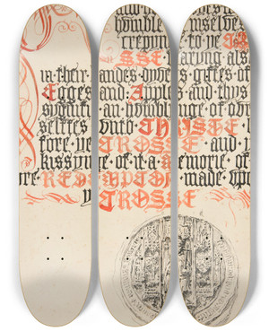 Triptych art skateboard deck of Edwin Austin Abbey Title Page Design Scribners Magazine by Edwin Austin Abbey (1852-1911)