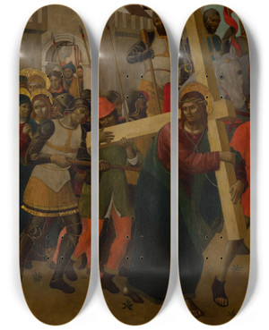 Triptych art skateboard deck of Giovanni Ambrogio Bevilacqua Christ On The Road To Calvary by Giovanni Ambrogio Bevilacqua (1481-1512)