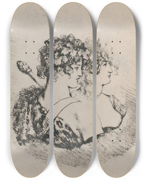 Triptych art skateboard deck of Eduard Strohling Bacchus And Ariadne by Eduard Strohling (1768-1826)