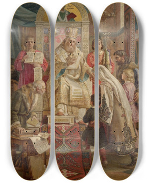 Triptych art skateboard deck of Uro Predi Saint Sava Blesses Srpad by Uros Predic (1857-1953)