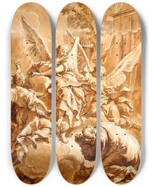 Triptych art skateboard deck of Francesco Fontebasso Abraham And The Three Angels by Francesco Fontebasso (1707-1769)