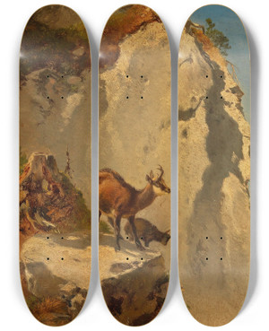 Triptych art skateboard deck of Anton Schrdl Zwei Gmsen In Hochgebirge by Anton Schrodl (1820-1906)