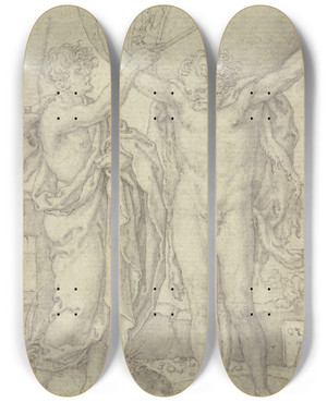 Triptych art skateboard deck of Heinrich Aldegrever Herkules Hilft Atlas Die Weltkugel Tragen by Heinrich Aldegrever (1502-1555)