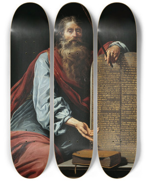 Triptych art skateboard deck of Claude Vignon Moses With The Tablets Of The Law by Claude Vignon (1593-1670)